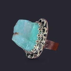 Large Raw Green Calcite + Ornate Brass Ring